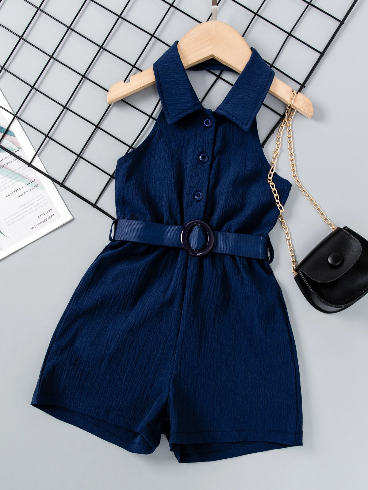 Little Girls Collared Button-Front Belted Romper - Midnight