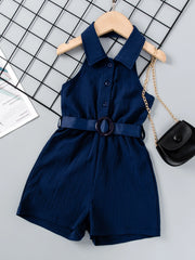 Little Girls Collared Button-Front Belted Romper - Midnight