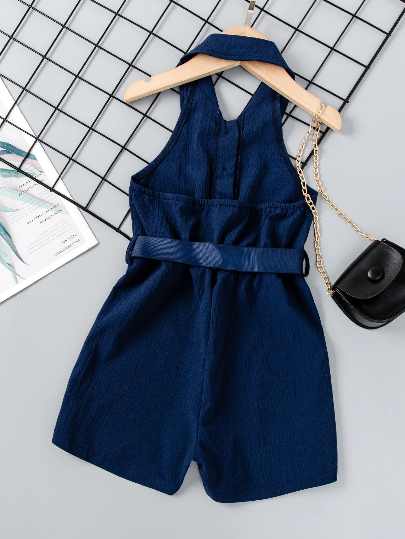 Little Girls Collared Button-Front Belted Romper - Midnight