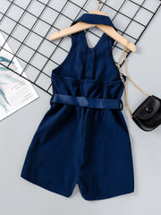 Little Girls Collared Button-Front Belted Romper - Midnight