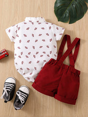 2pcs Baby Boys Dinosaur Print Bow Bodysuit & Suspender Shorts - Ivo...