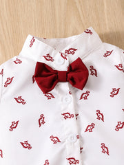 2pcs Baby Boys Dinosaur Print Bow Bodysuit & Suspender Shorts - Ivo...