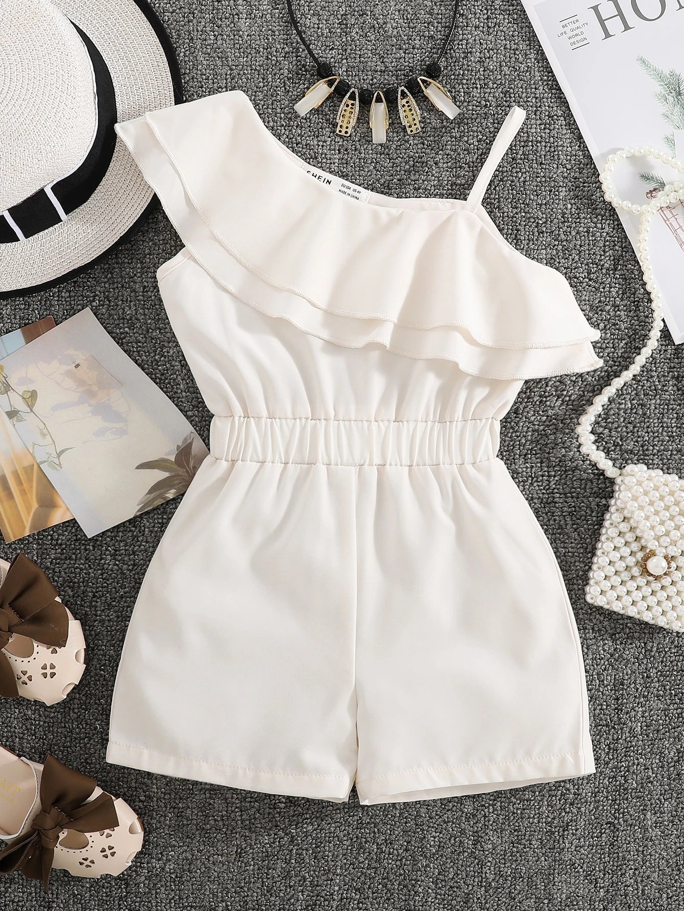 Little Girls Asymmetric Ruffle Tiered Romper - Ivory