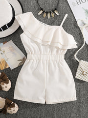 Little Girls Asymmetric Ruffle Tiered Romper - Ivory