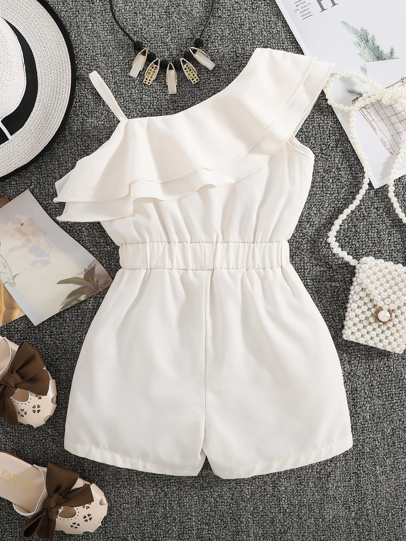Little Girls Asymmetric Ruffle Tiered Romper - Ivory