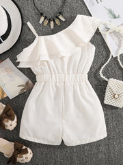 Little Girls Asymmetric Ruffle Tiered Romper - Ivory