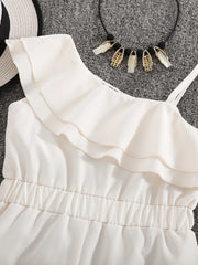 Little Girls Asymmetric Ruffle Tiered Romper - Ivory