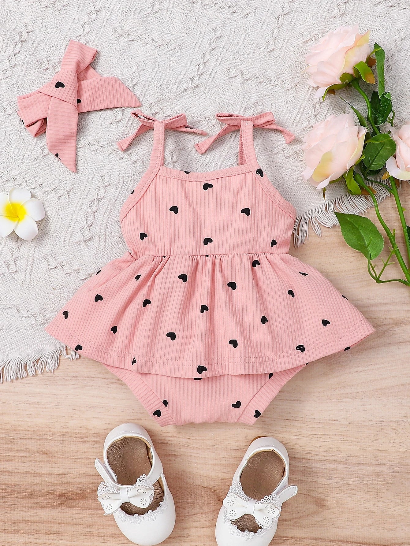 2pcs Baby Girls Heart Print Cami Romper & Headband - Blush | 21 Cen...