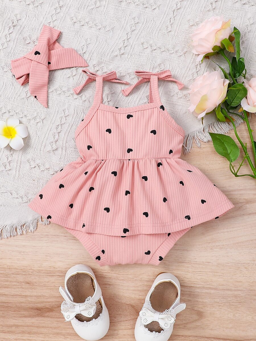 2pcs Baby Girls Heart Print Cami Romper & Headband - Blush | 21 Cen...