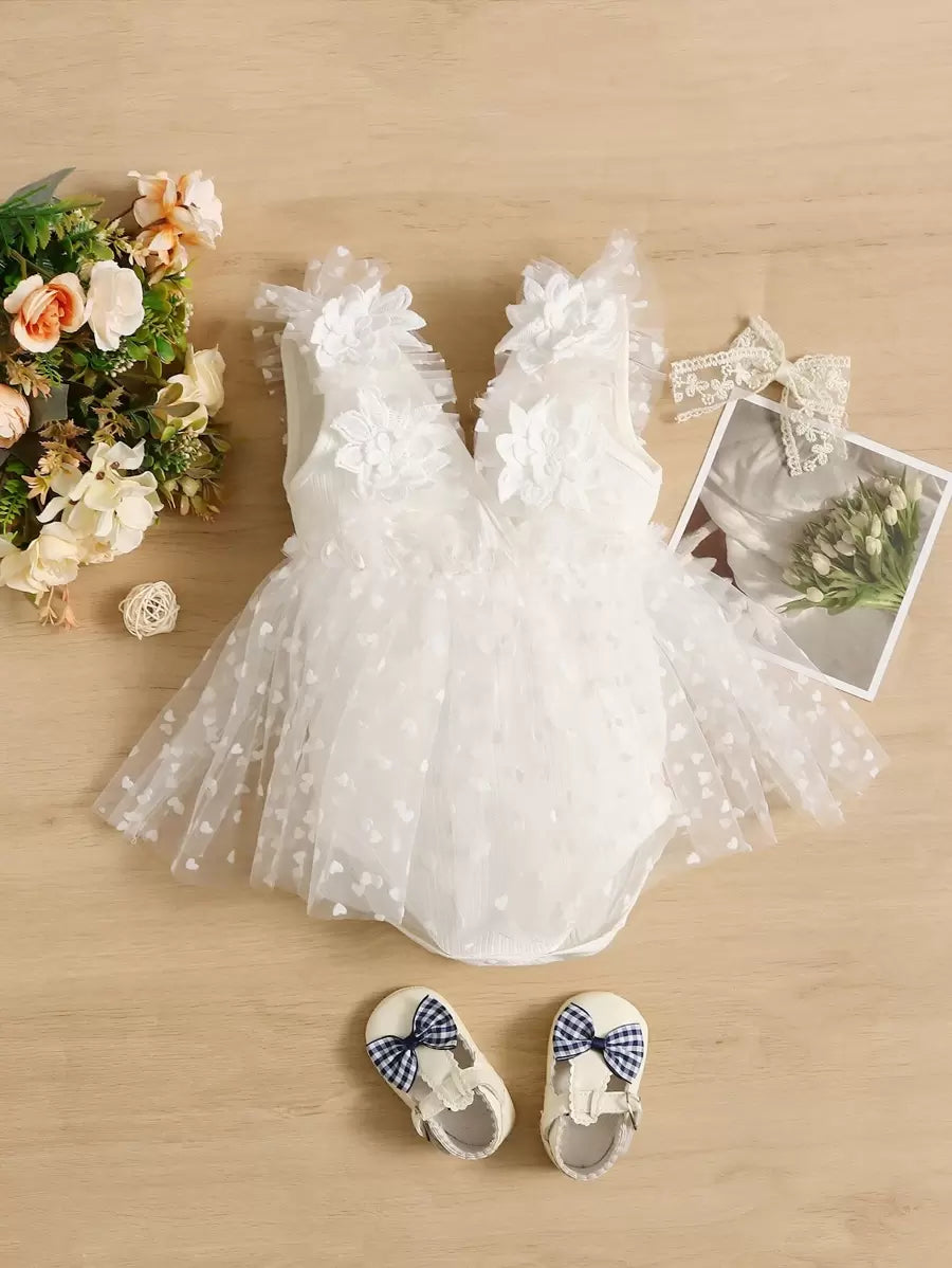 Girls Floral Appliqué Heart Tulle Romper - Ivory | 21 Century Kids
