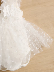 Girls Floral Appliqué Heart Tulle Romper - Ivory | 21 Century Kids