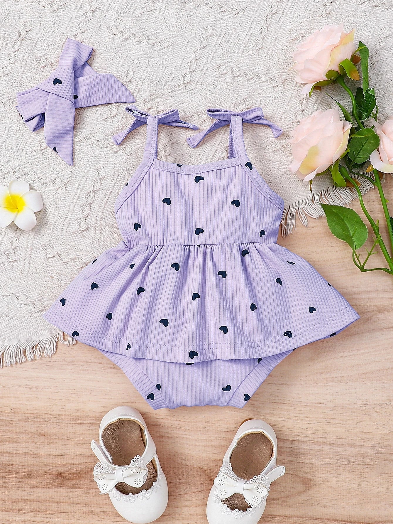 2pcs Baby Girls Heart Print Romper Dress & Headband - Lavender | 21...