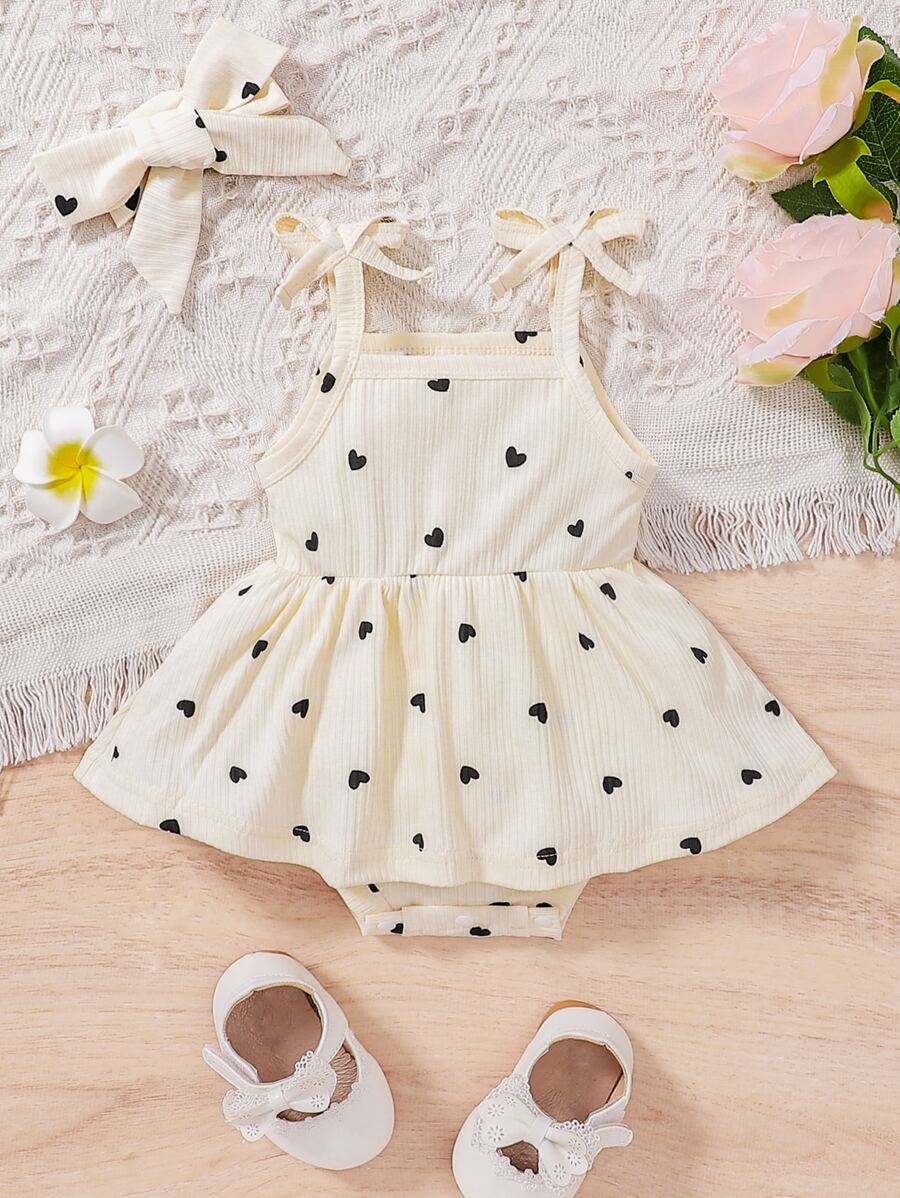 Baby Girls Heart Print Skirted Bodysuit & Headband - Ivory