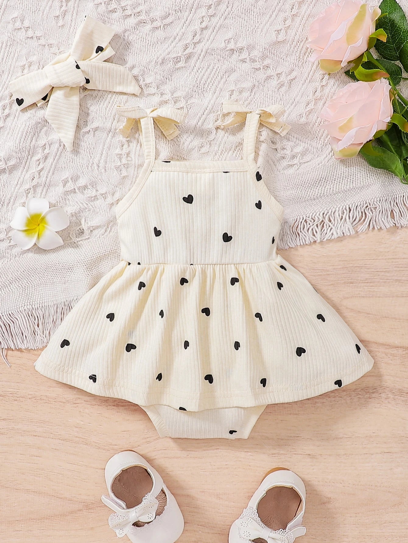 Baby Girls Heart Print Skirted Bodysuit & Headband - Ivory
