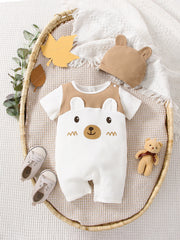 Baby Boys Bear Embroidered Ribbed Romper Set - Ivory
