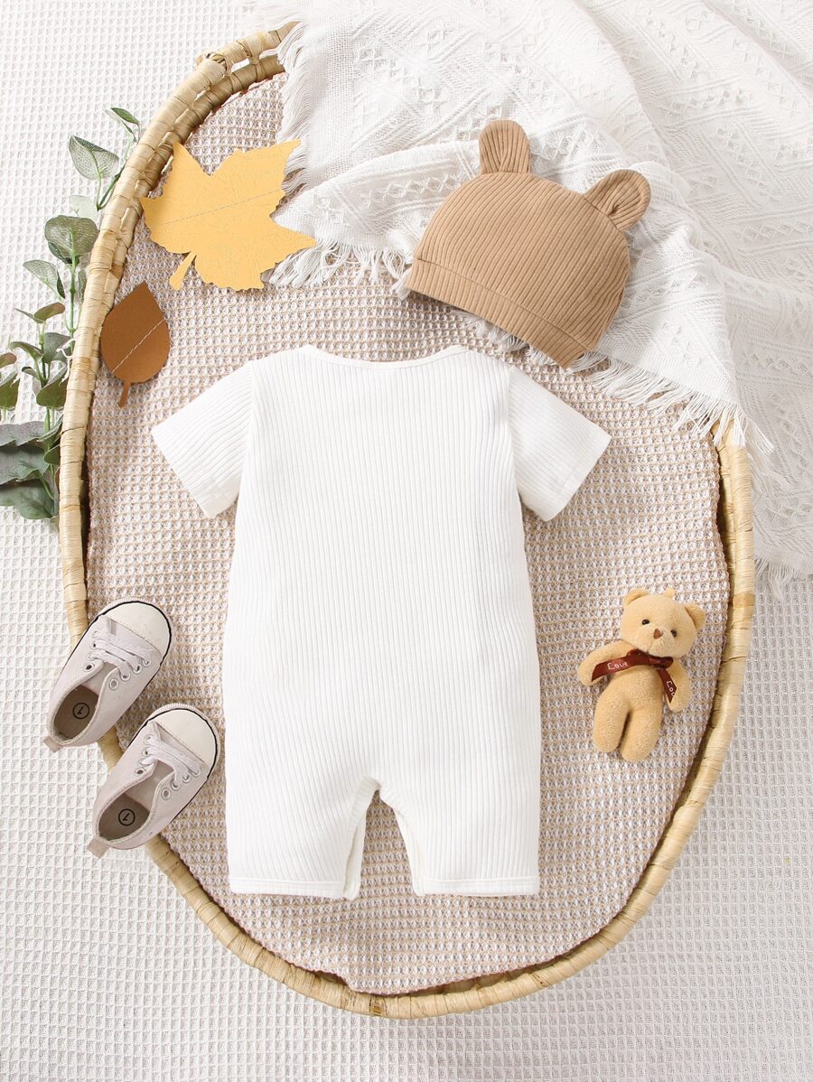 Baby Boys Bear Embroidered Ribbed Romper Set - Ivory