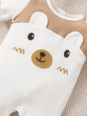 Baby Boys Bear Embroidered Ribbed Romper Set - Ivory