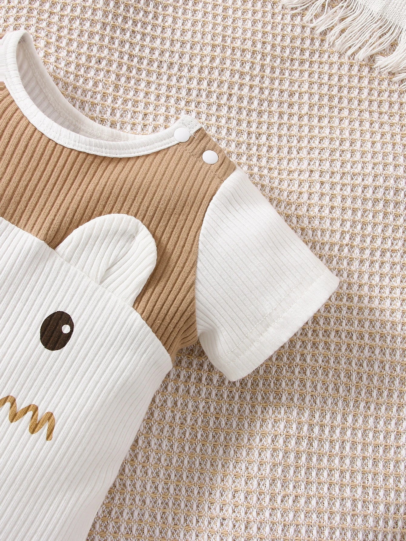 Baby Boys Bear Embroidered Ribbed Romper Set - Ivory