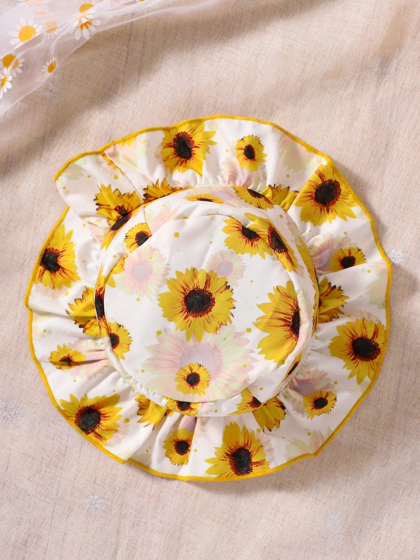 2pcs Girls Sunflower Print Ruffle Romper & Bucket Hat - Marigold | ...