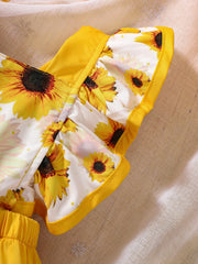 2pcs Girls Sunflower Print Ruffle Romper & Bucket Hat - Marigold | ...