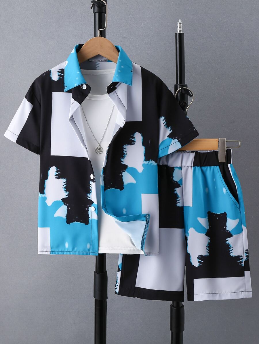 2pcs Boys Colorblock Shirt & Shorts Set - Multi