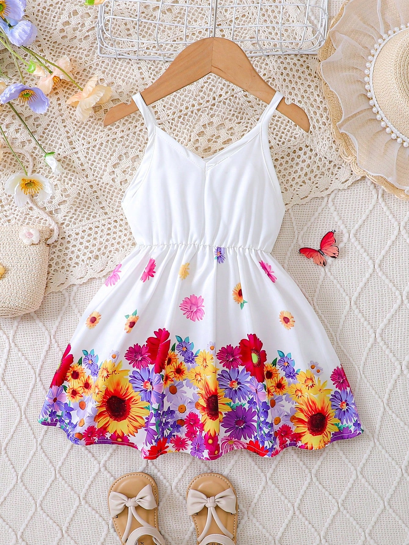 Girls Floral Border Print Spaghetti Strap Mini Dress - Ivory | 21 C...