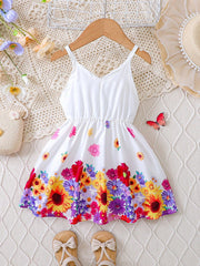 Girls Floral Border Print Spaghetti Strap Mini Dress - Ivory | 21 C...
