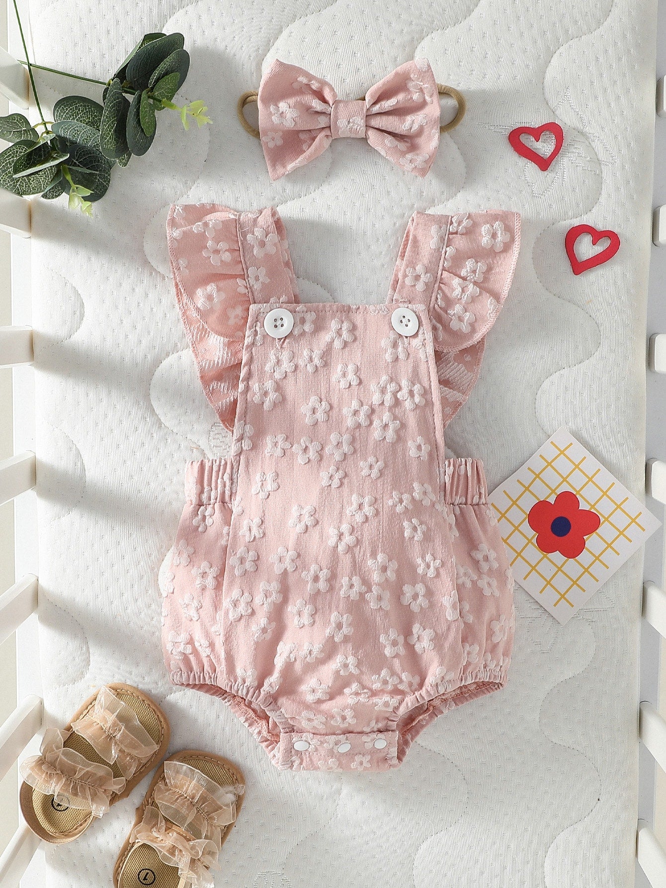 Baby Girls Floral Embossed Flutter Sleeve Romper - Blush