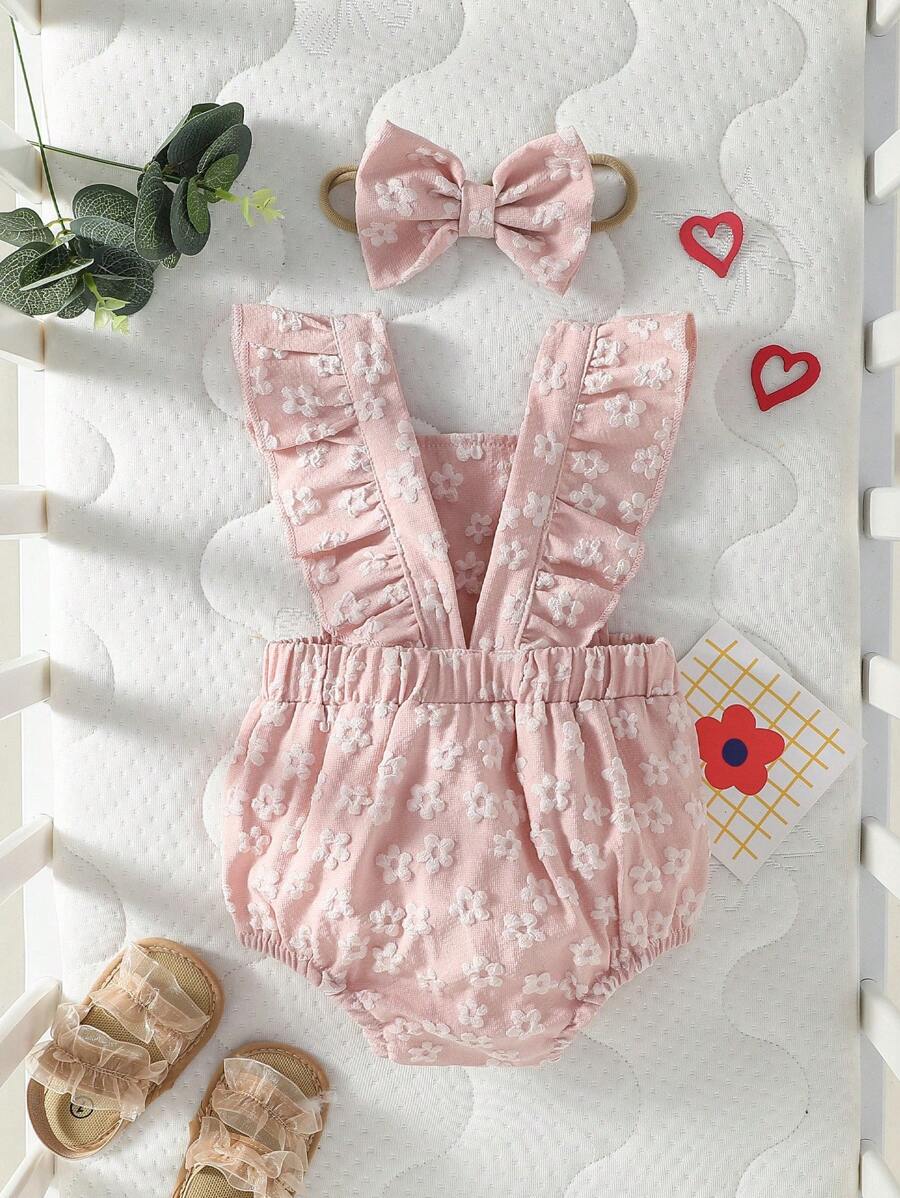 Baby Girls Floral Embossed Flutter Sleeve Romper - Blush