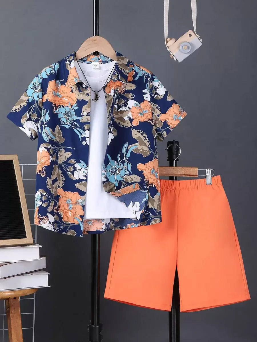 2pcs Boys Botanical Print Shirt & Shorts Set - Midnight | 21 Centur...