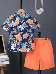 2pcs Boys Botanical Print Shirt & Shorts Set - Midnight | 21 Centur...