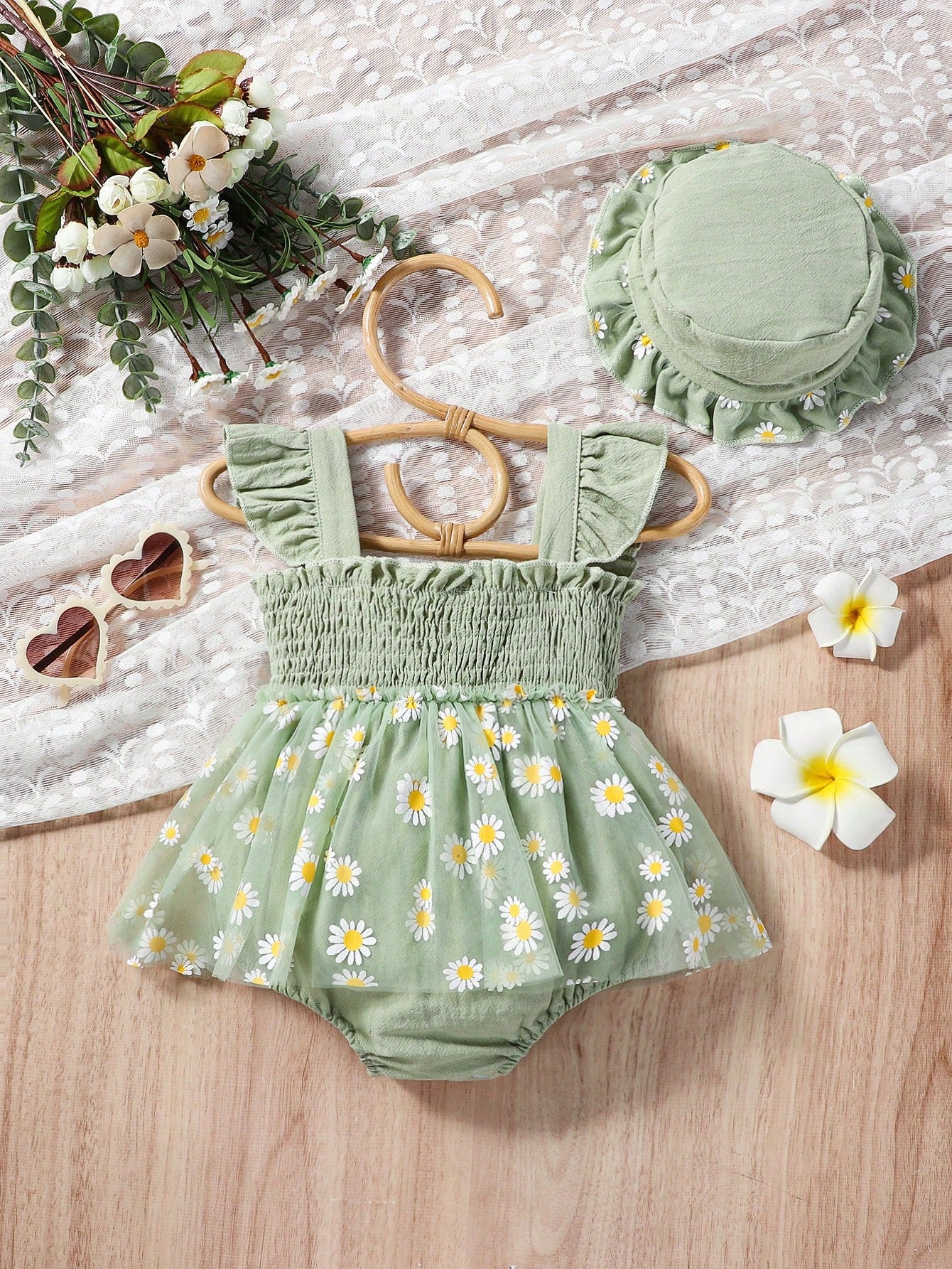 Baby Girls Daisy Mesh Shirred Romper Set - Sage