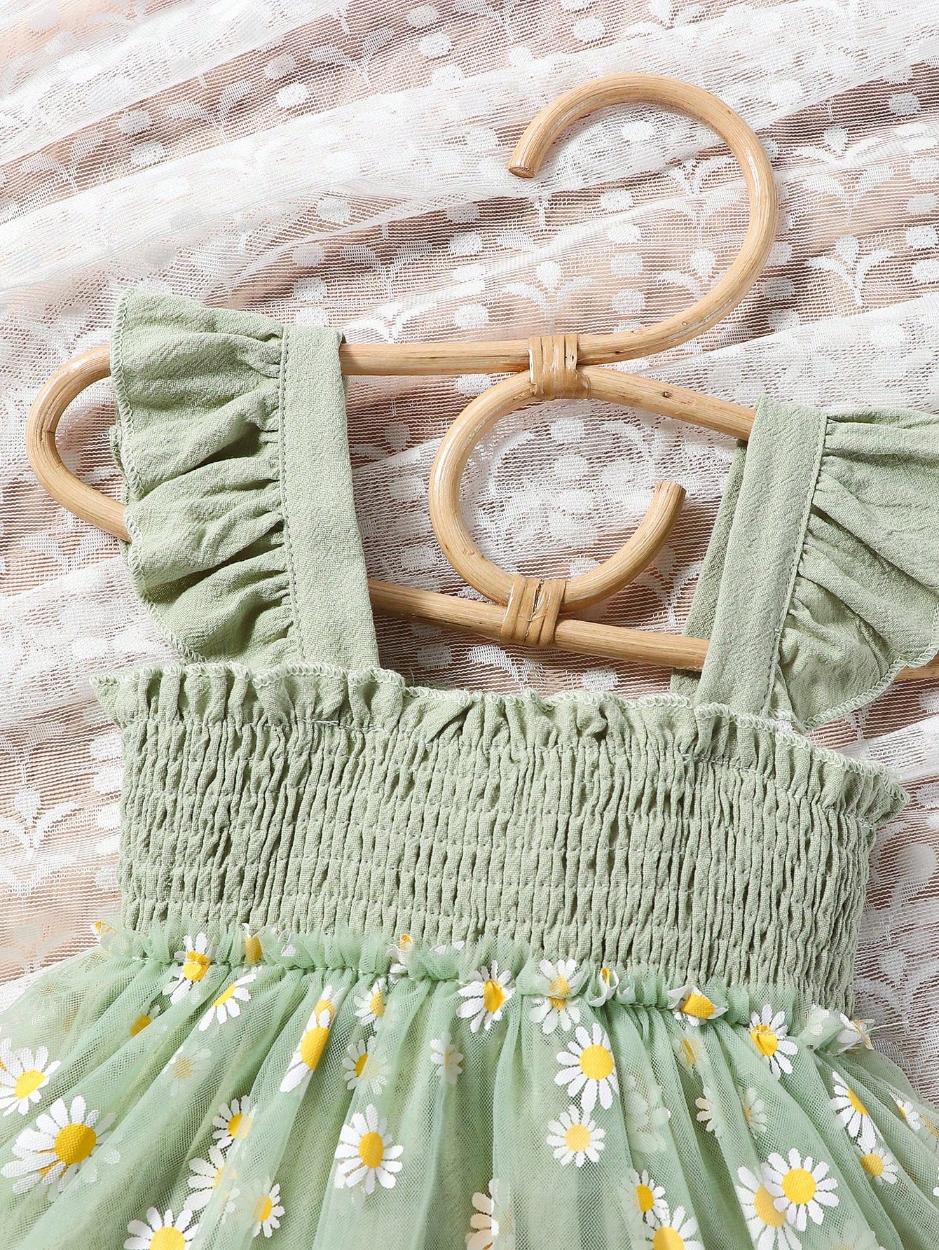 Baby Girls Daisy Mesh Shirred Romper Set - Sage