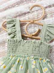 Baby Girls Daisy Mesh Shirred Romper Set - Sage