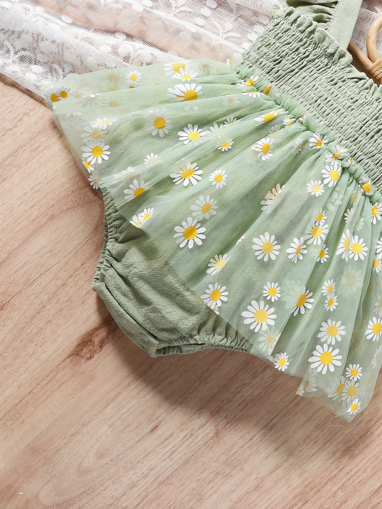 Baby Girls Daisy Mesh Shirred Romper Set - Sage