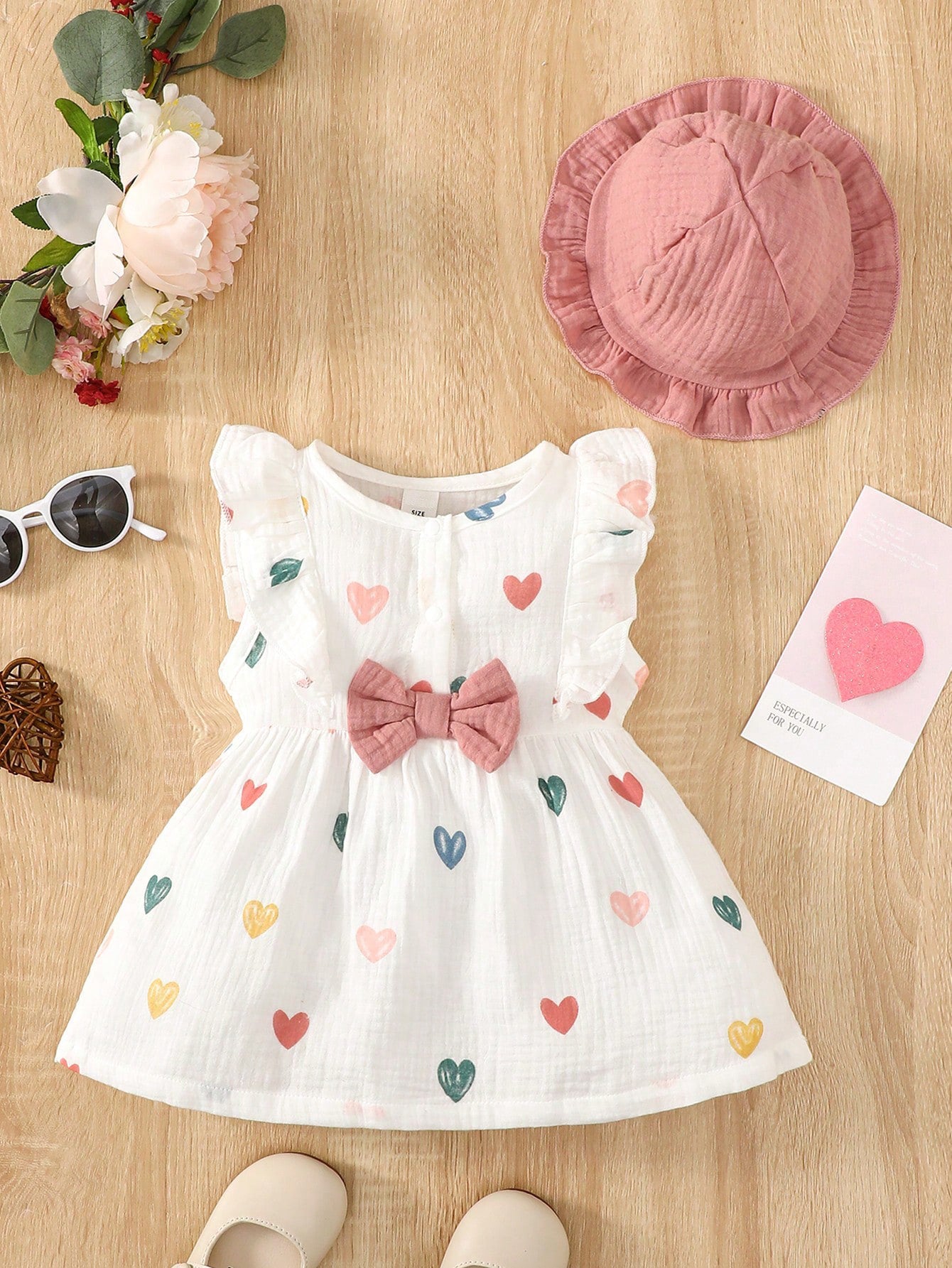 Baby Girls Heart Print Ruffle Bow Dress Set - Ivory