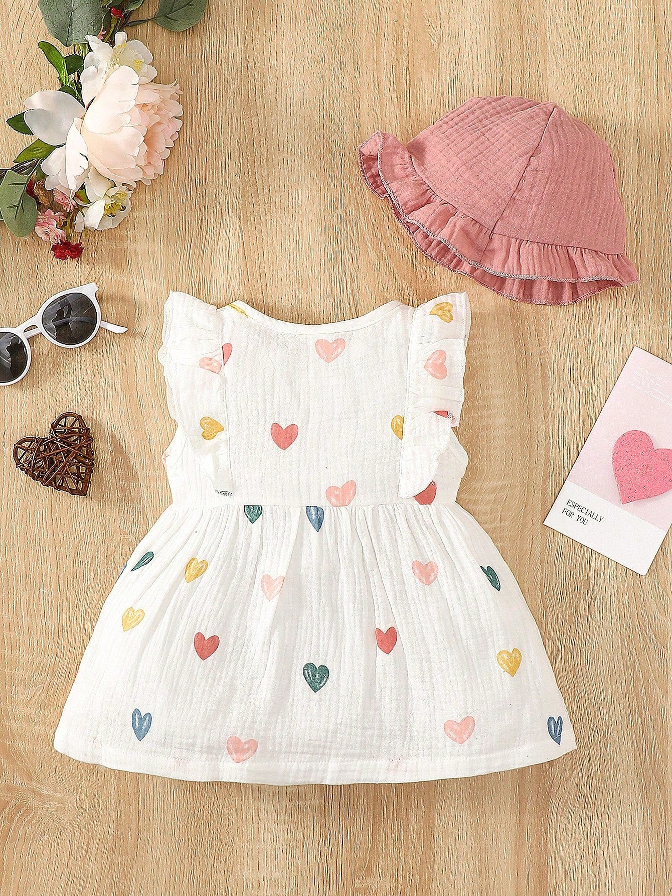 Baby Girls Heart Print Ruffle Bow Dress Set - Ivory