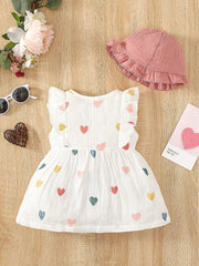 Baby Girls Heart Print Ruffle Bow Dress Set - Ivory