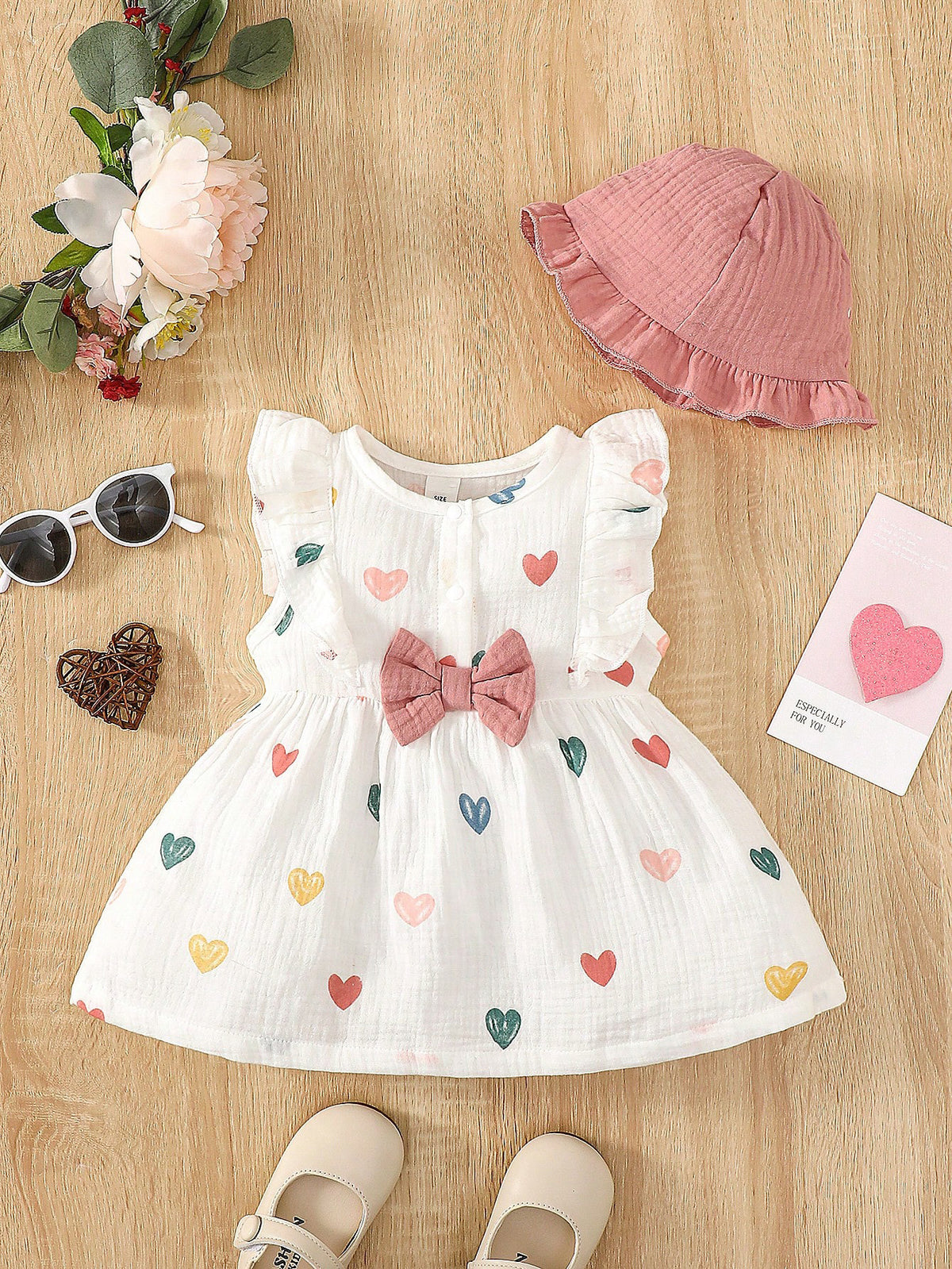 Baby Girls Heart Print Ruffle Bow Dress Set - Ivory