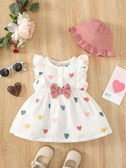 Baby Girls Heart Print Ruffle Bow Dress Set - Ivory