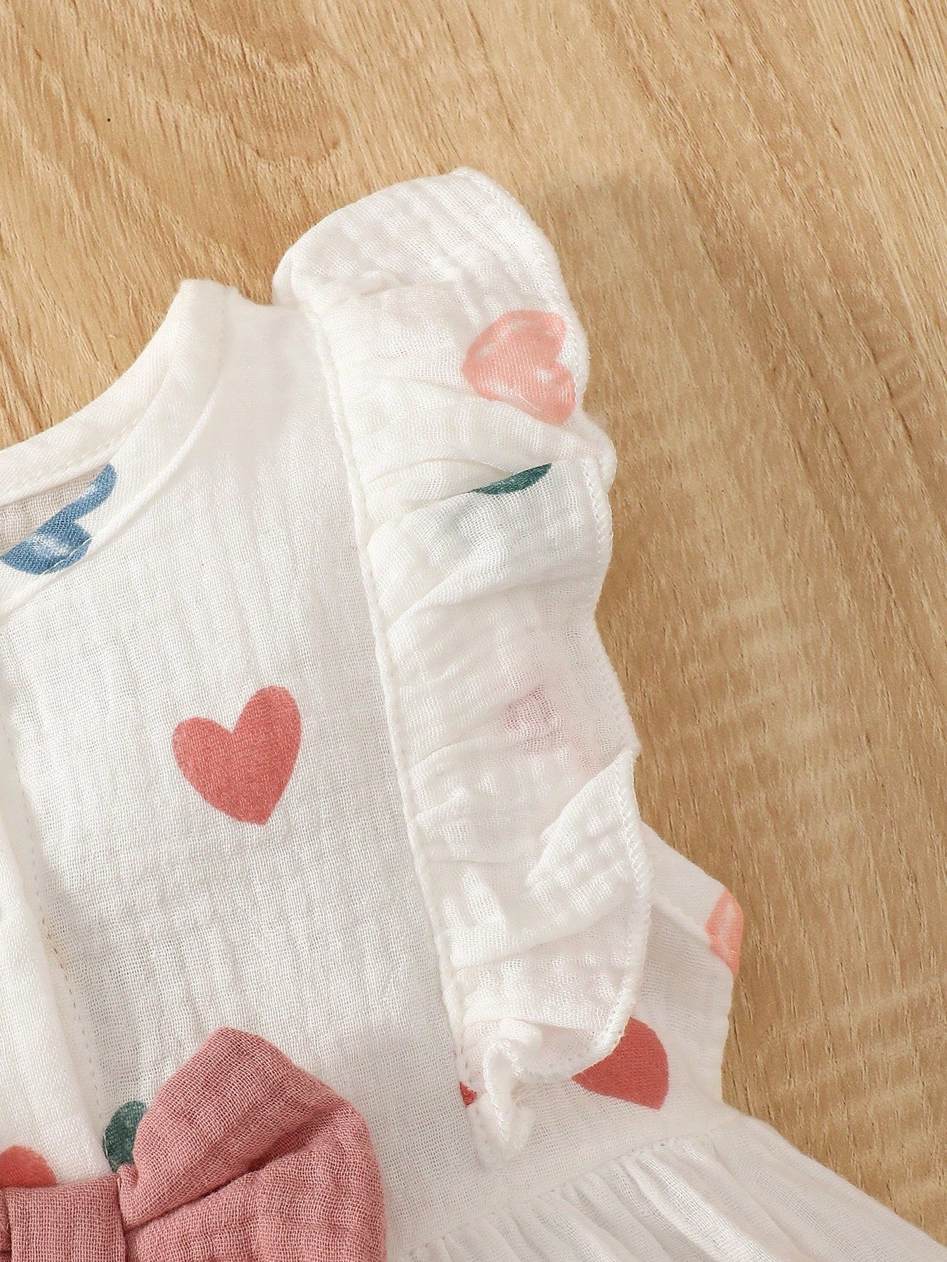 Baby Girls Heart Print Ruffle Bow Dress Set - Ivory