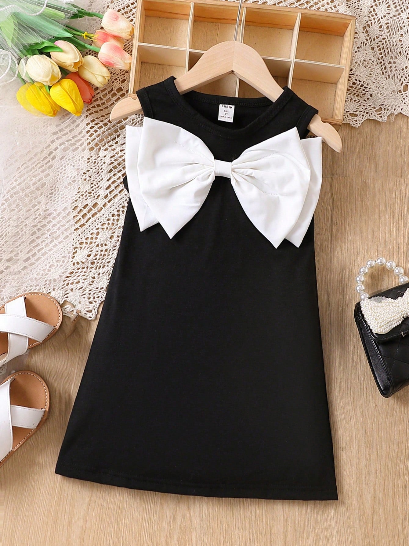 Little Girls Oversized Bow Tank Shift Dress - Onyx | 21 Century Kids