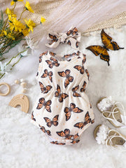 2pcs Girls Monarch Butterfly Print Romper & Bow Headband - Isabelli...