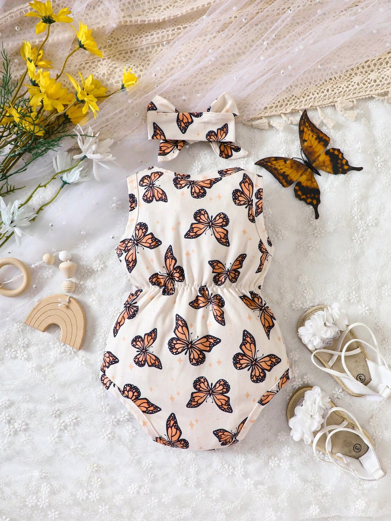 2pcs Girls Monarch Butterfly Print Romper & Bow Headband - Isabelli...