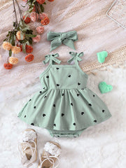 2pcs Baby Girls Heart Print Tie-Shoulder Romper Dress & Headband - ...