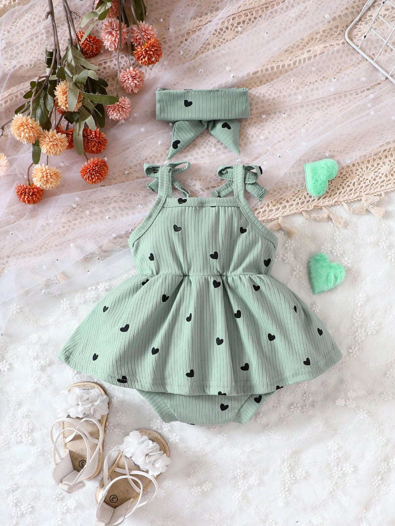 2pcs Baby Girls Heart Print Tie-Shoulder Romper Dress & Headband - ...