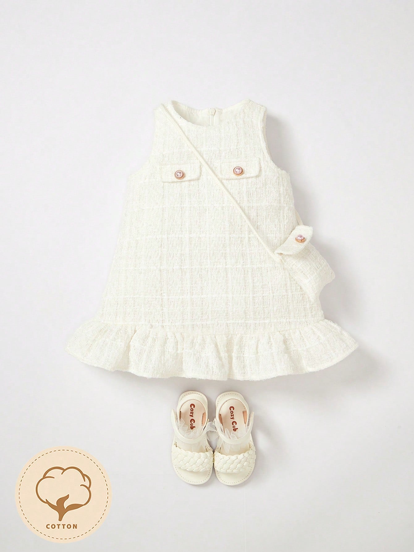 2pcs Girls Tweed Ruffle Hem Dress & Crossbody Bag Set - Ivory | 21 ...