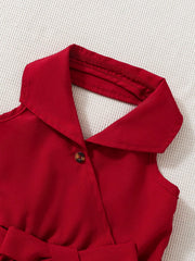 Little Girls Pleated Collar Belted A-Line Dress - Scarlet | 21 Cent...