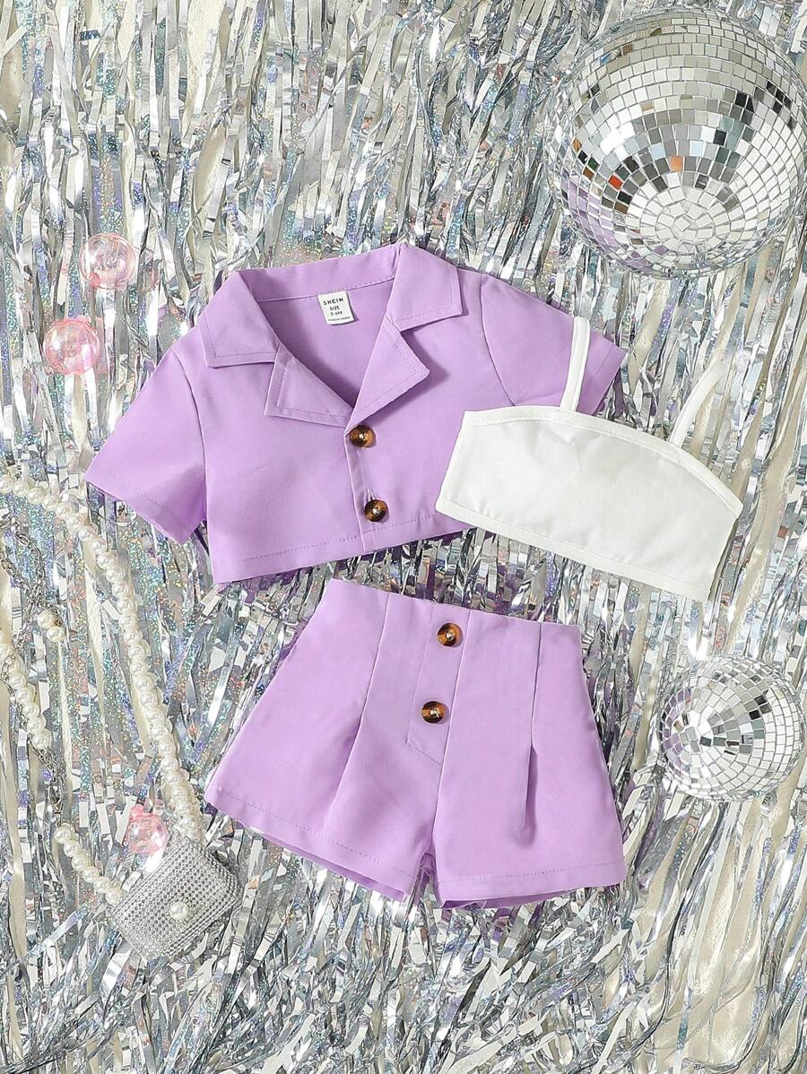 3pcs Girls Lapel Crop Blouse, Cami & Shorts Set - Wisteria | 21 Cen...