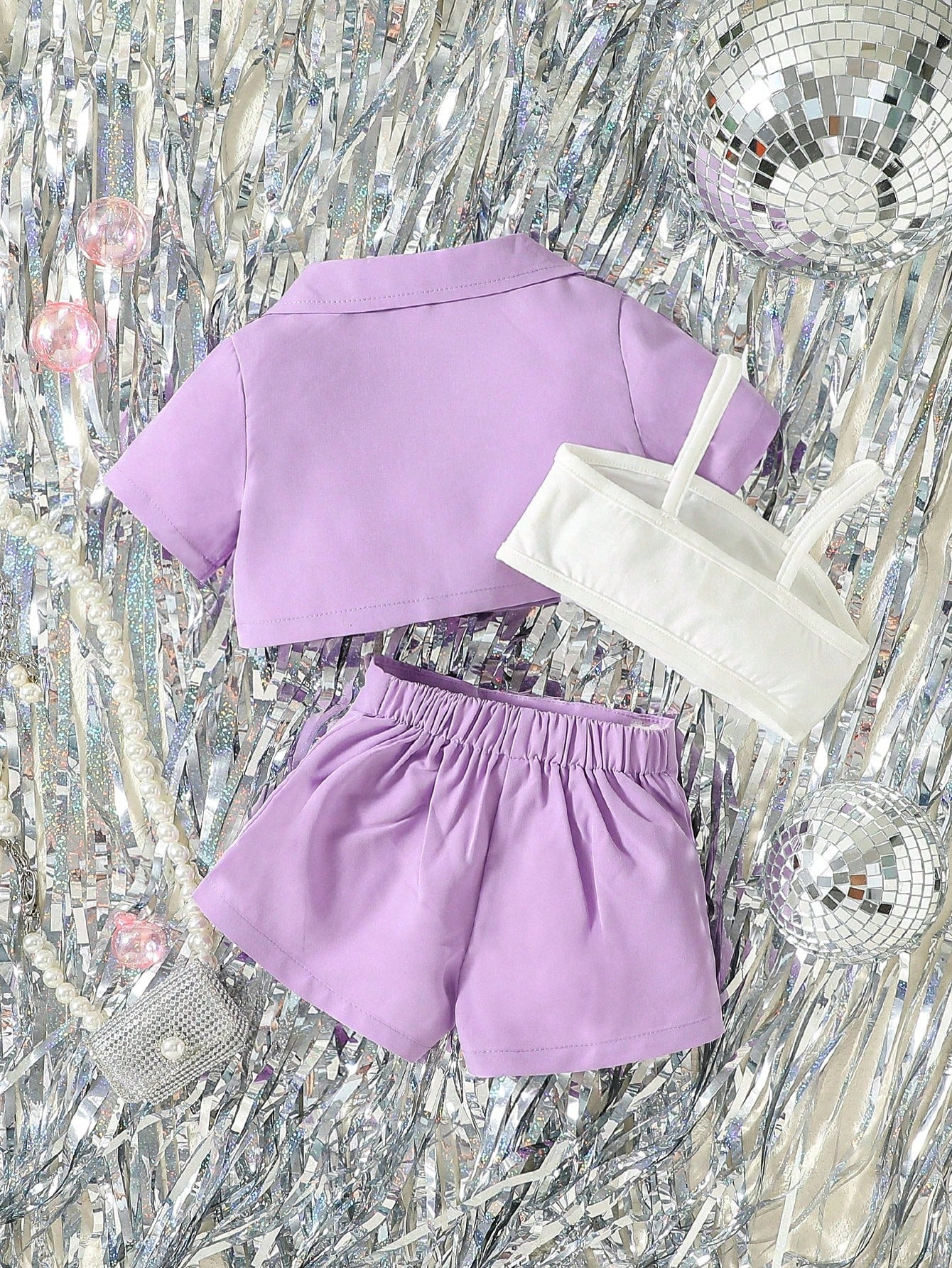 3pcs Girls Lapel Crop Blouse, Cami & Shorts Set - Wisteria | 21 Cen...